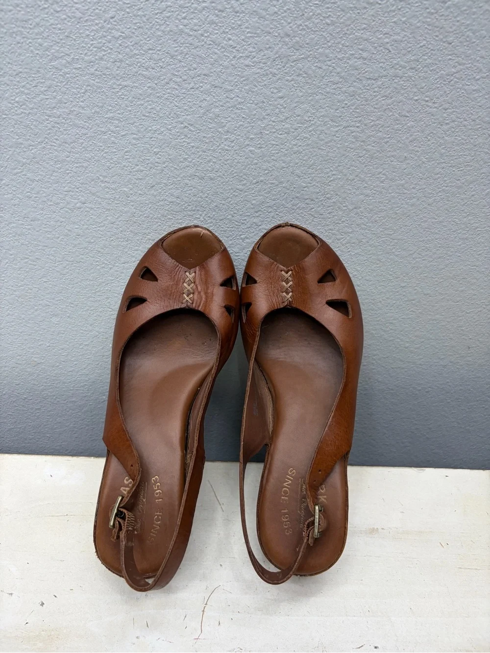 Kork-Ease Brown Leather Felicia Peep Toe Wedge Sandals Size 8